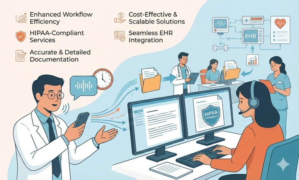 Healthcare staff using HIPAA-compliant transcription support to improve documentation and workflow efficiency.